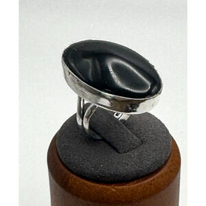 Vintage Black Onyx Cocktail Ring .925 Stone Sz 7.5 - 8.95 Grams